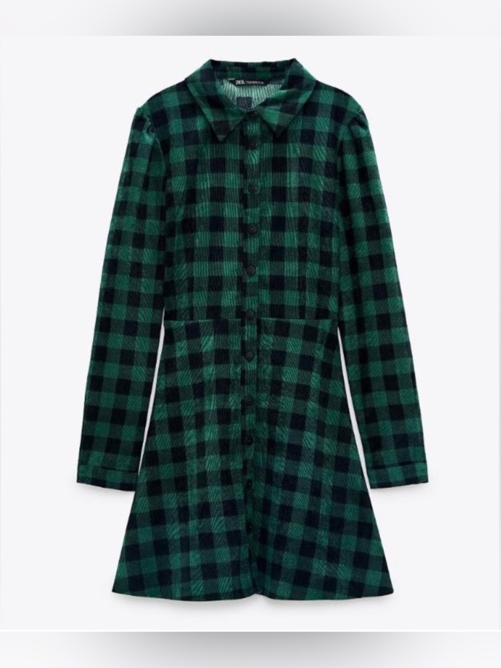 Zara Corduroy Green and Black Plaid Shirt Dress